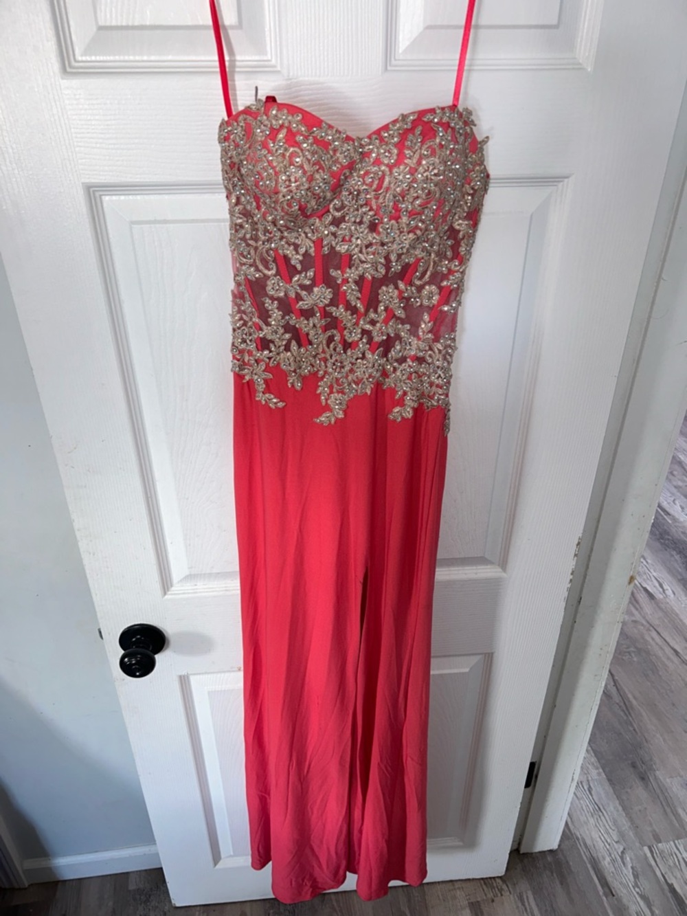 Coral Evening Gown with Gold Embellished Bodice